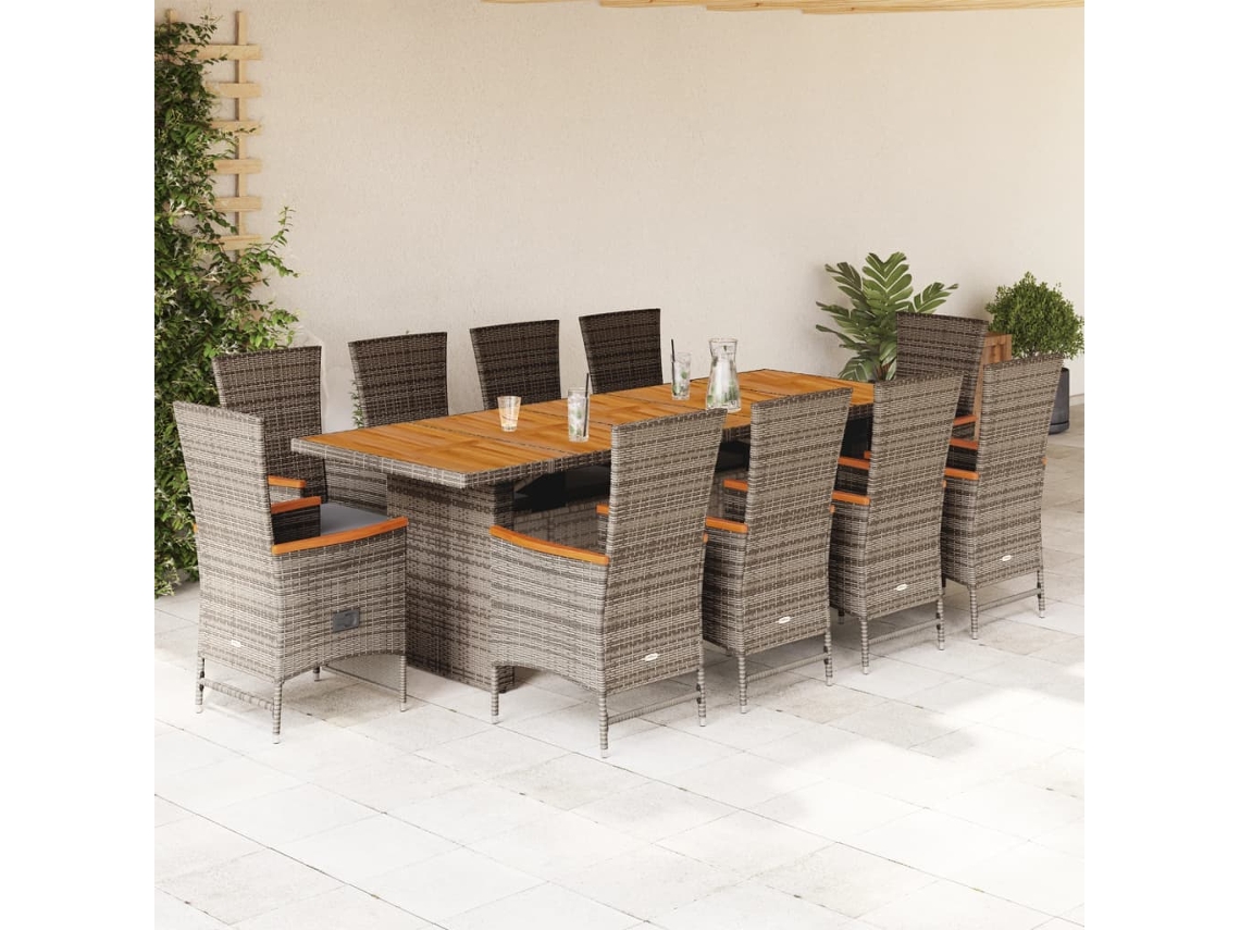 11 Pcs Conjunto Jantar P/ Jardim C/ Almofadões Vime Pe Cinza Dkd Home Decor
