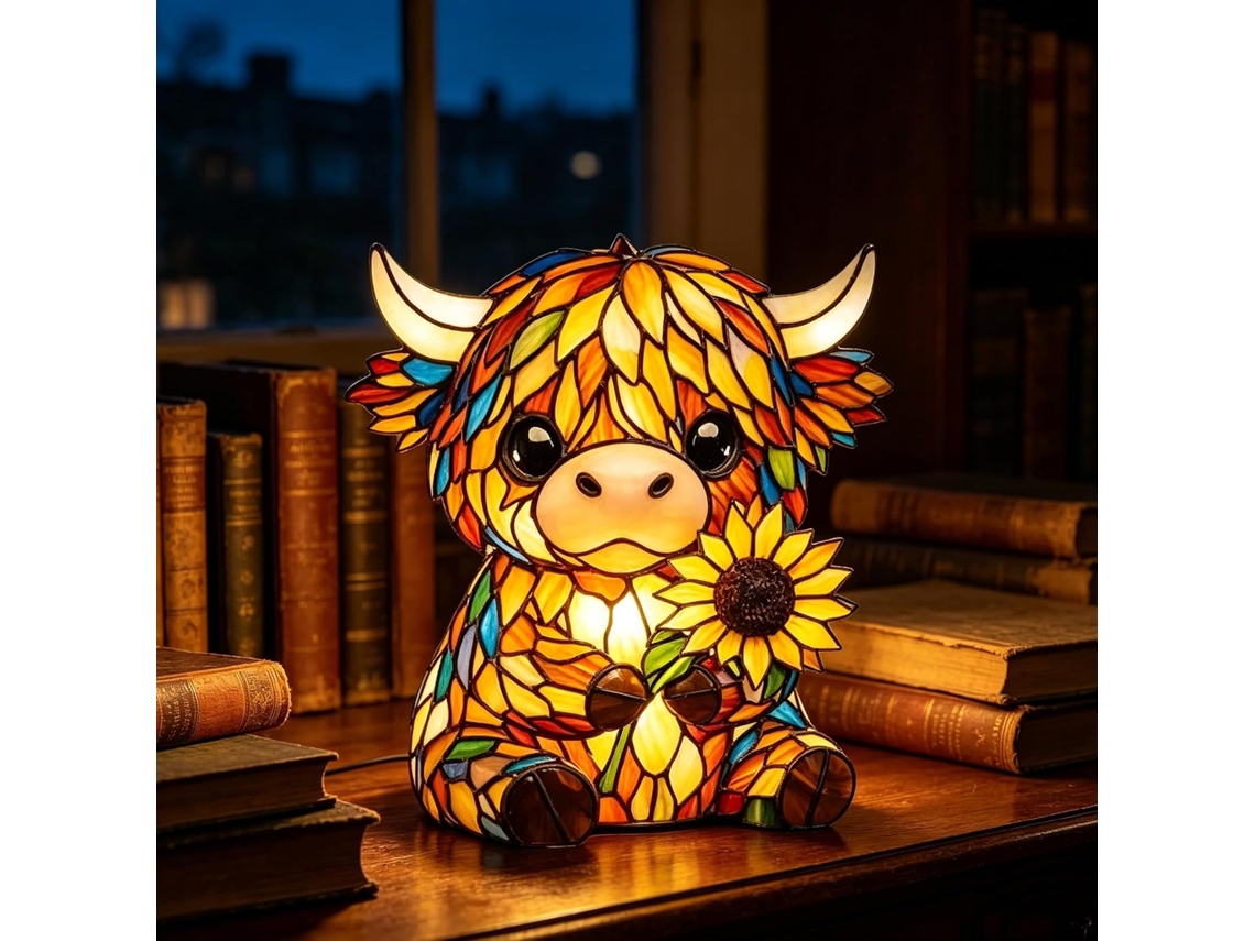 Luminária Vaca das Terras Altas com Girassol: Luz Quente e Charme Exótico,