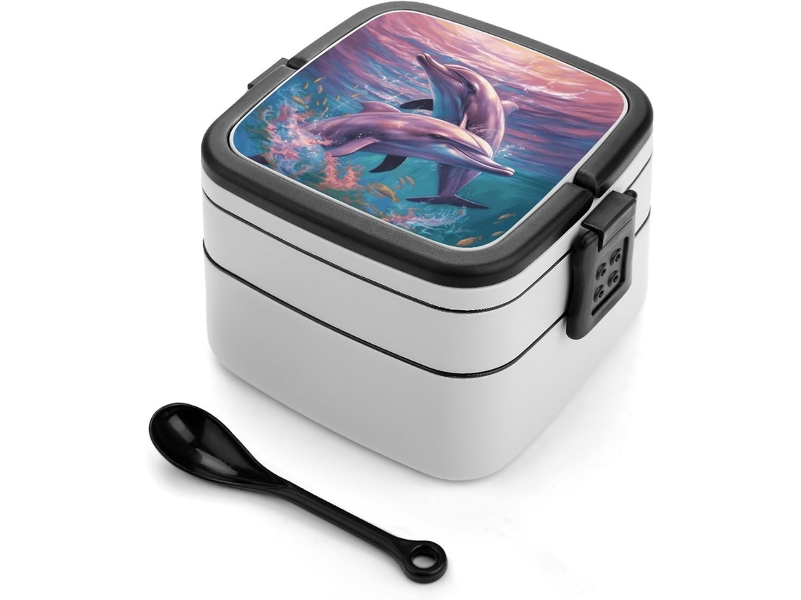 Lancheira Bento Empilhável Com Tampas, Estampa De Golfinhos, Isolada E À Prova De Vazamentos, Com 2-compartimentos E