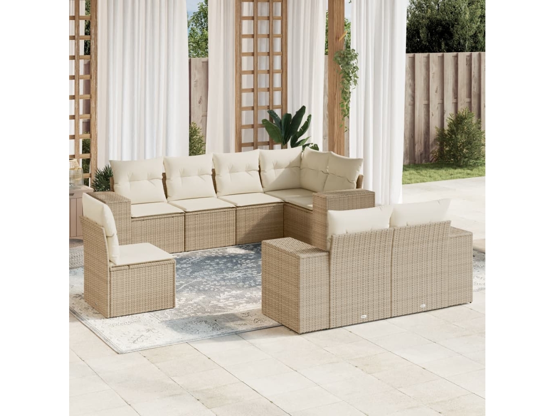 Vidaxl 8 Pcs Conjunto De Sofás P/ Jardim Com Almofadões Vime Pe Bege