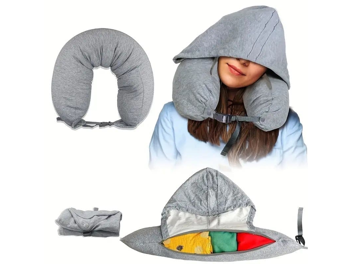 Almofada de Viagem em Formato de U para o Pescoço com Capuz, Portátil e Ergonômico, Dormir Durante Voos AQUAFORGE