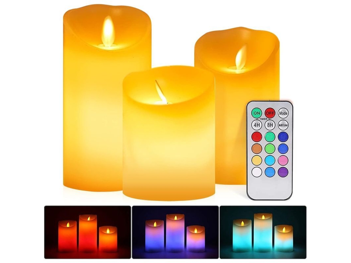 Velas Led Sin Llama 3 Pack Cera Real Luz Caliente + Rgb Parpadeo Eléctrico Control Remoto Temporizador Diferentes Tamaños Decoración
