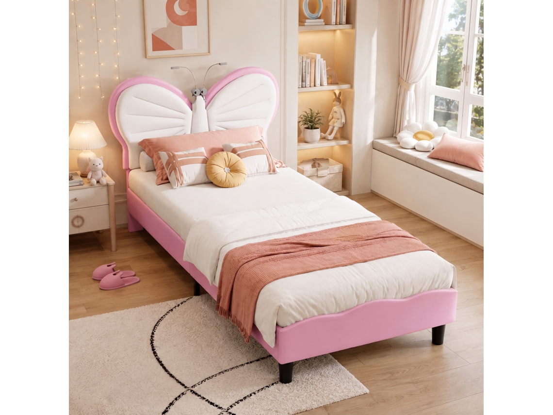 Cama Estofada 90x190 Cm Para Criança Com Cabeceira De Borboleta E 2 Luzes Led, Cama De Solteiro Com Estrutura Ajustável Em Veludo Rosa