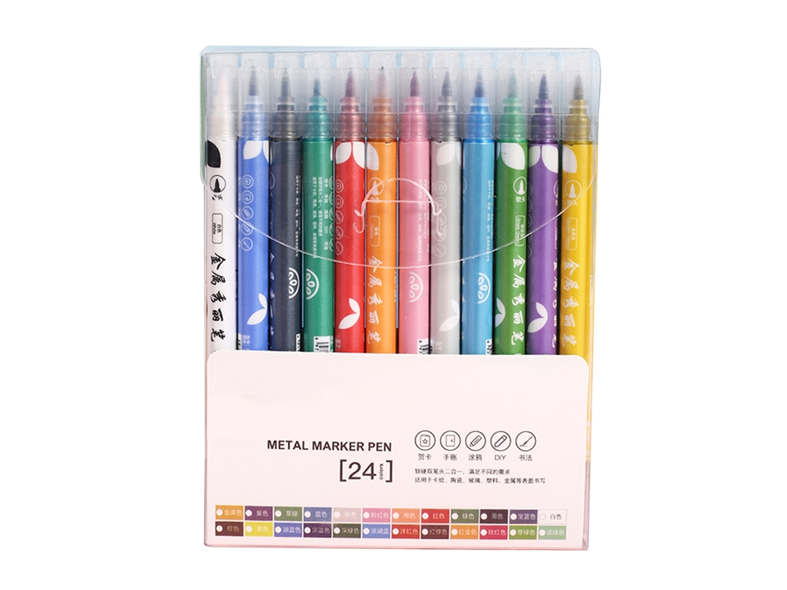 Canetas Metallicas 24 Cores Pincel 1-2mm Rápido Seco Para Colorir Scrapbooking Escola Office