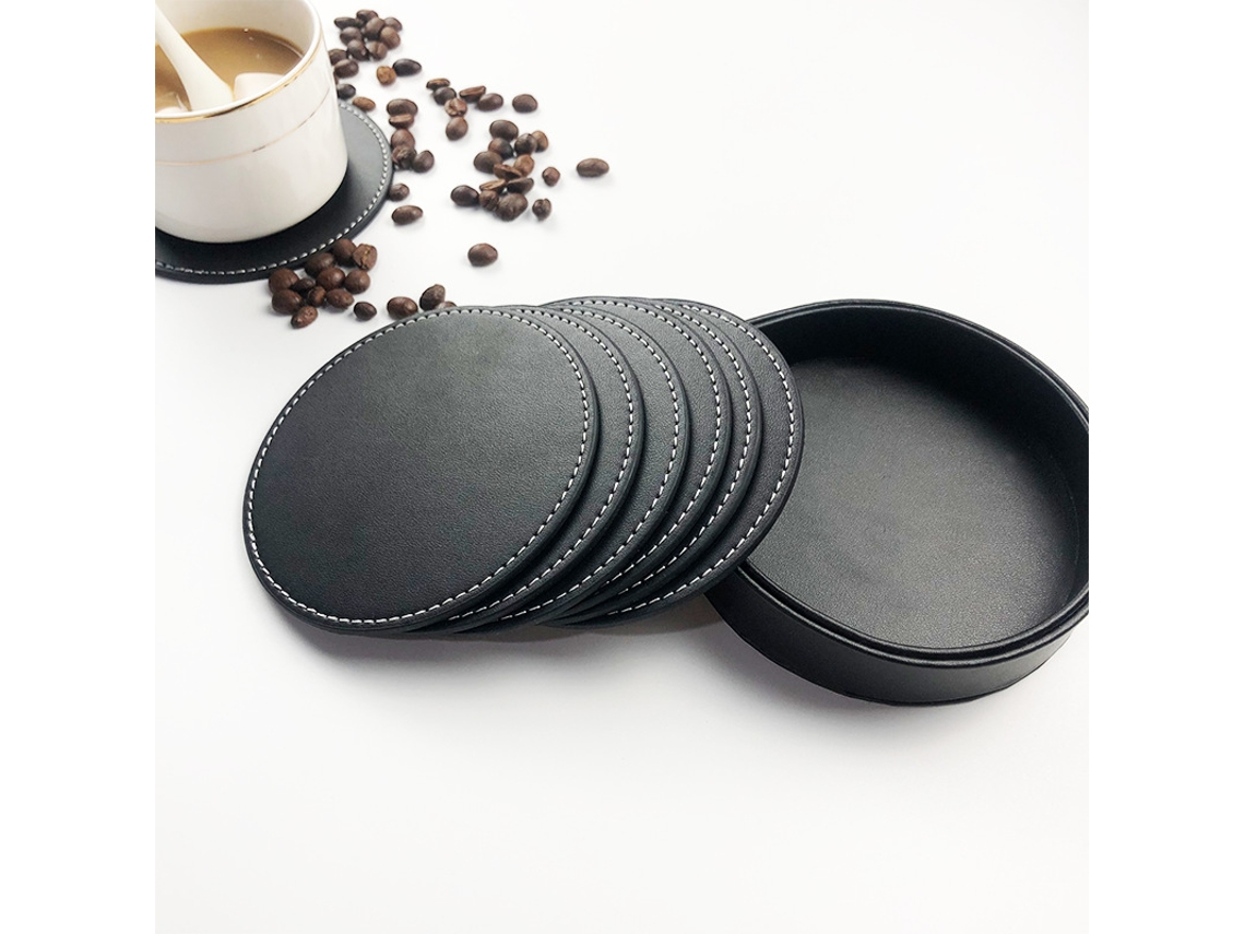 Conjunto de 5 suportes redondos para flocos de couro com base de armazenamento, isolamento térmico e antiderrapante, ideais para chá ou café.