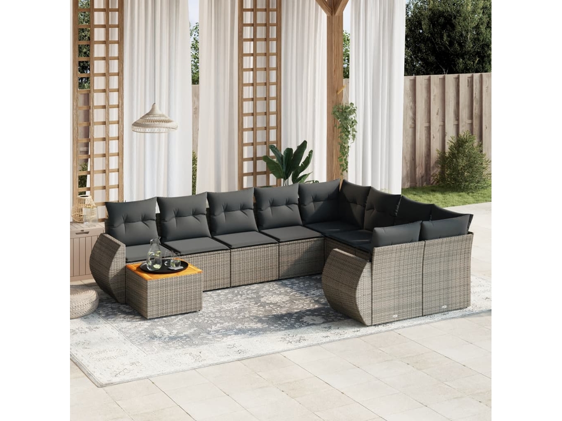 Vidaxl 10 Pcs Conjunto Sofás De Jardim C/ Almofadões Vime Pe Cinzento