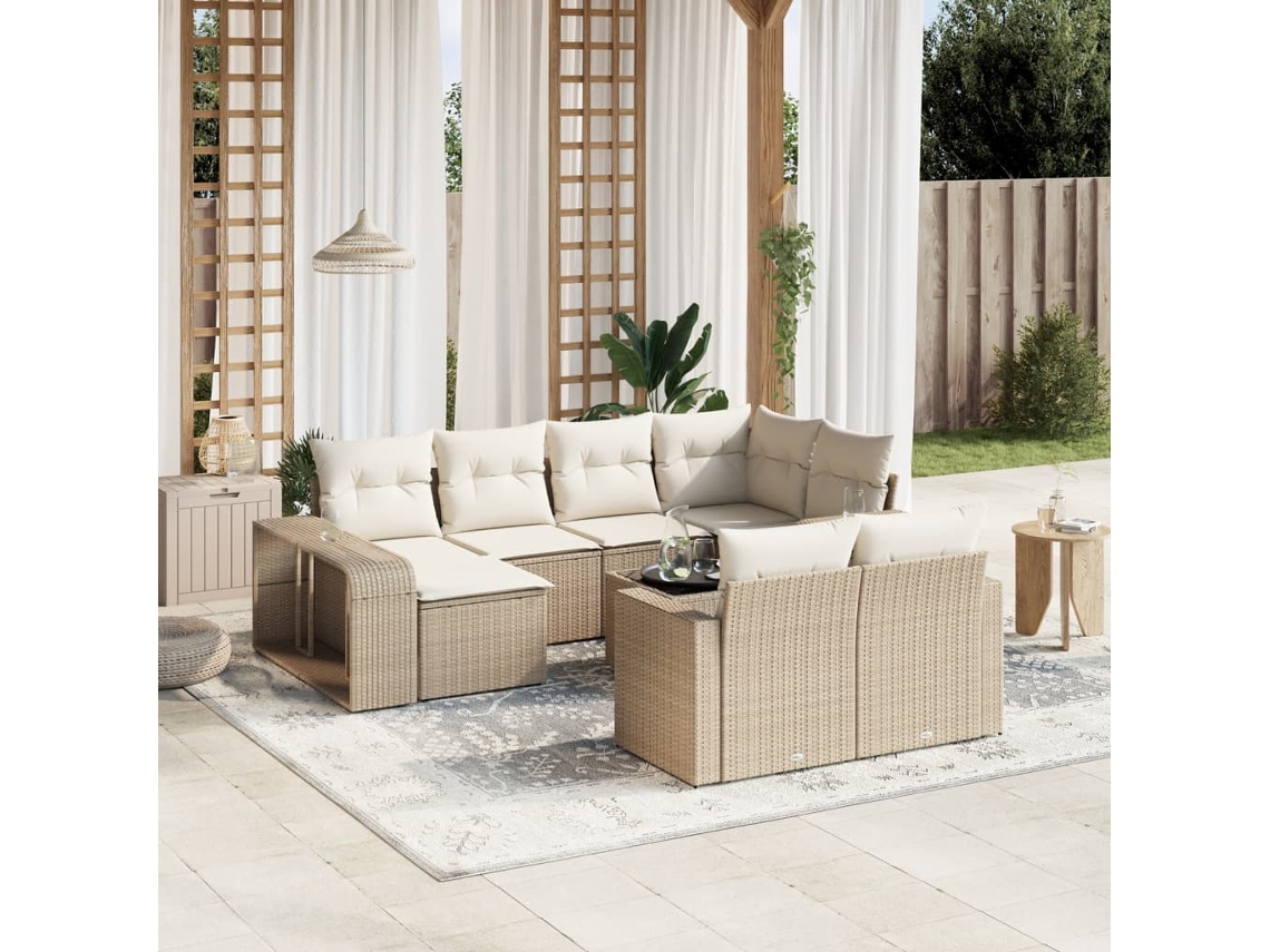 Vidaxl 11 Pcs Conjunto Sofás De Jardim C/ Almofadões Vime Pe Bege