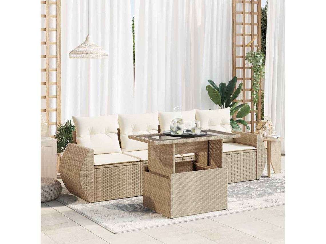 Vidaxl 5 Pcs Conjunto De Sofás P/ Jardim Com Almofadões Vime Pe Bege