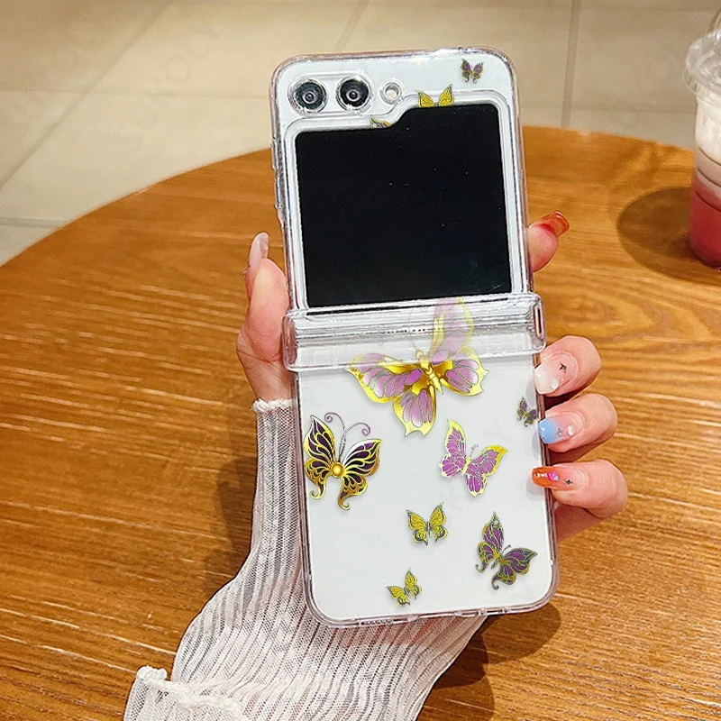 (a208) Capa Rígida Dobrável Transparente Com Estampa De Borboleta Para Galaxy Z Flip5