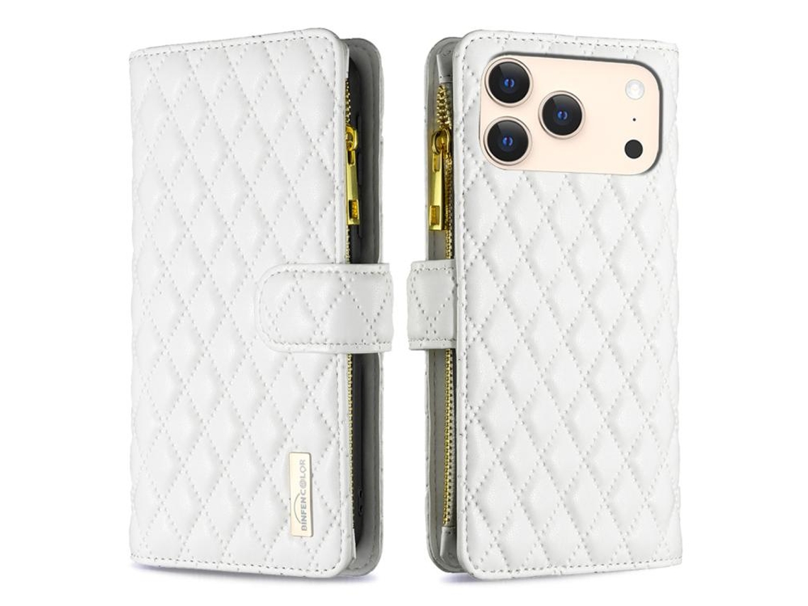 Capa Para Iphone 17 Pro - Couro Com Padrão De Diamante E Zíper