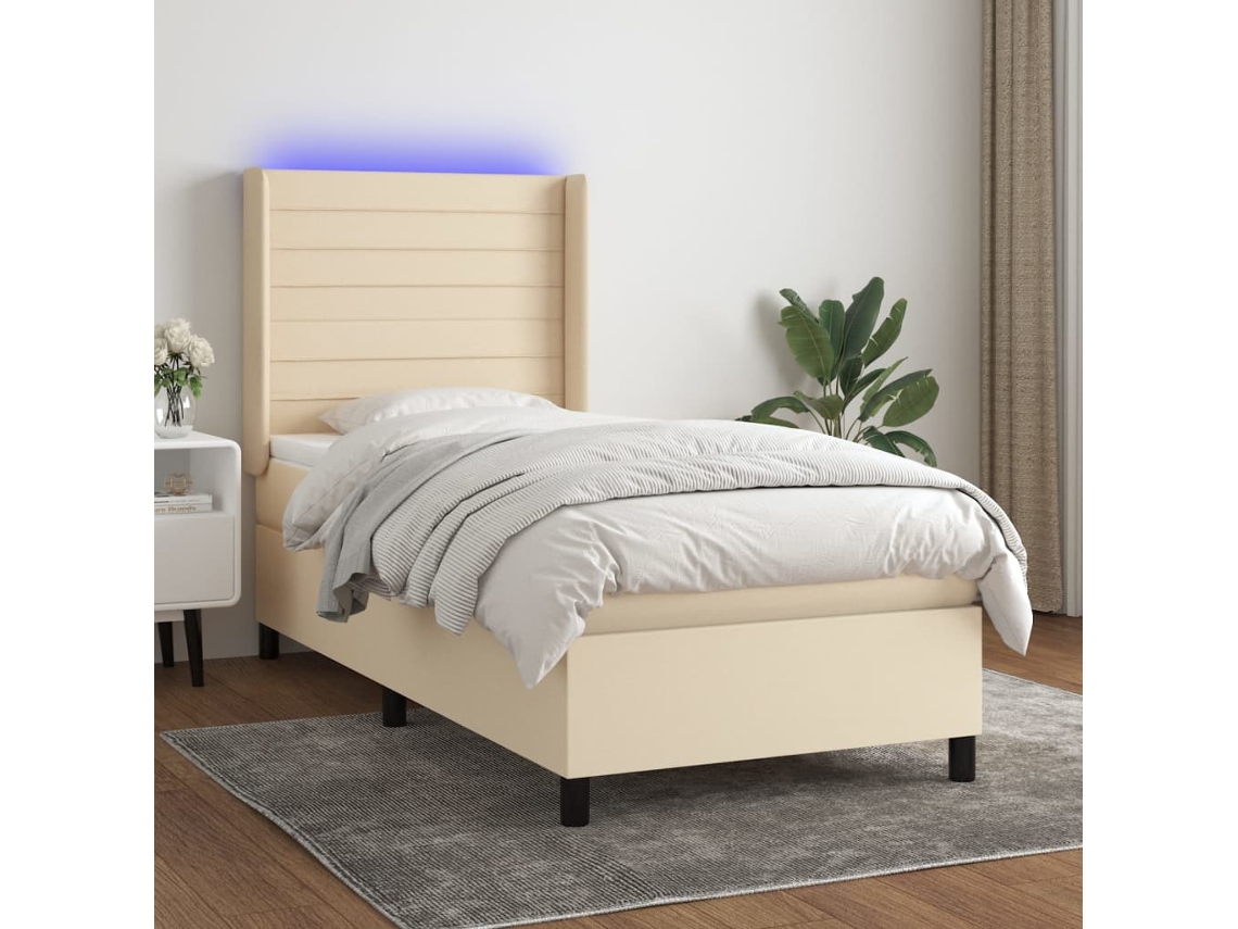 Vidaxl Cama Box Spring C/ Colchão E Led 80x200 Cm Tecido Cor Creme