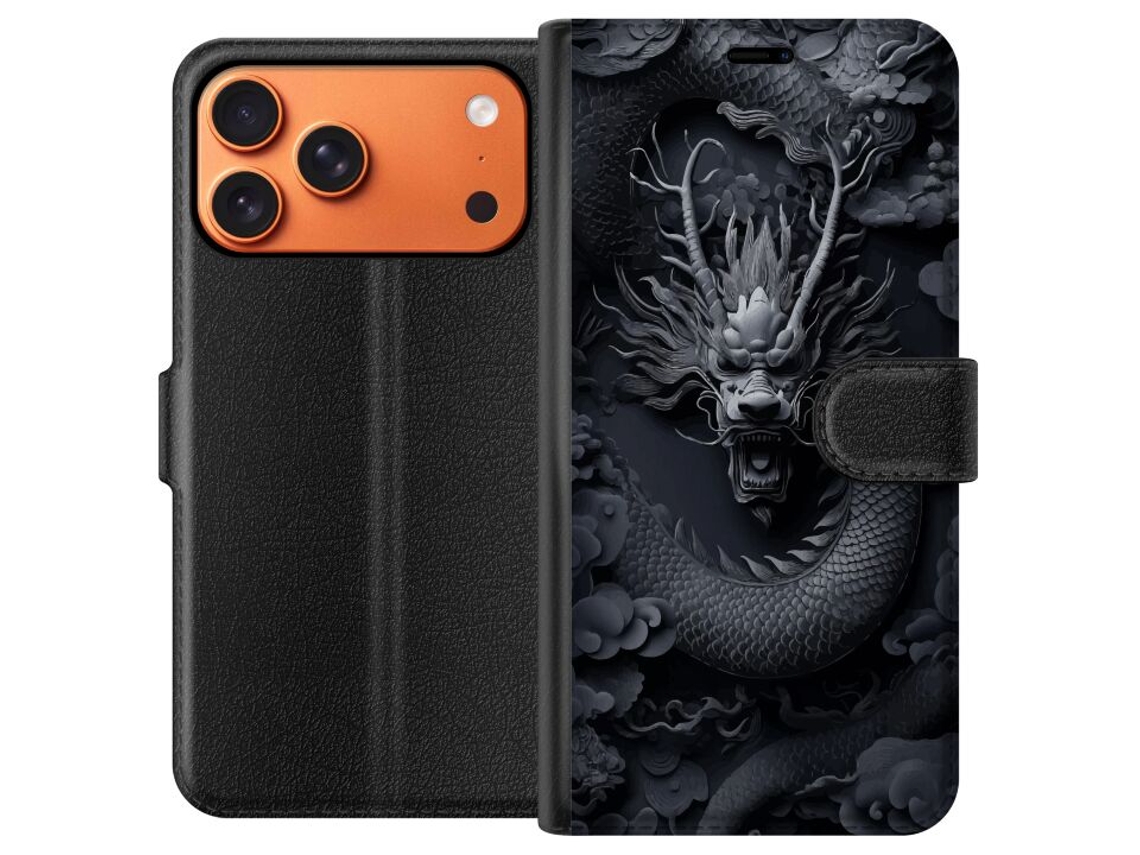 Capa Carteira Compatível Com Apple Iphone 17 Pro Max. Dragão Detalhado Em Alto Relevo Escuro Com Montanhas E Nuvens, Um Motivo De Fantasia Poderoso E