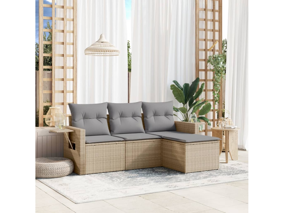 Jogo de Sofá 4 Peças Para Jardim C/ Almofadões Vime Pe Bege Dkd Home Decor