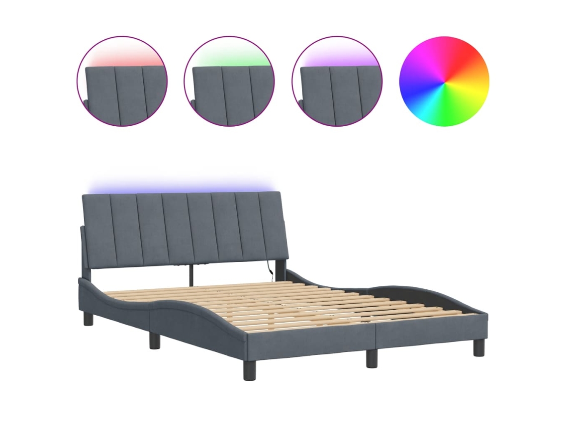 Estrutura de Cama com Led HANKO em Veludo Cinzento Escuro (140x200 cm)