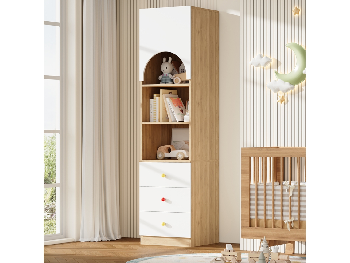 Estante de Arrumação Multifuncional 50×50×200 Cm 3 Gavetas, 3 Prateleiras, Puxadores em Cerâmica, Acabamento Branco e Efeito Madeira Branco NOVELA