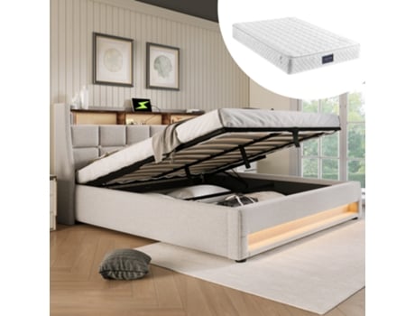 Cama Box 160x200cm Com Usb, Led E Estrutura Metálica - Estofada Em Linho, Inclui Colchão E Suporte Em Ripas