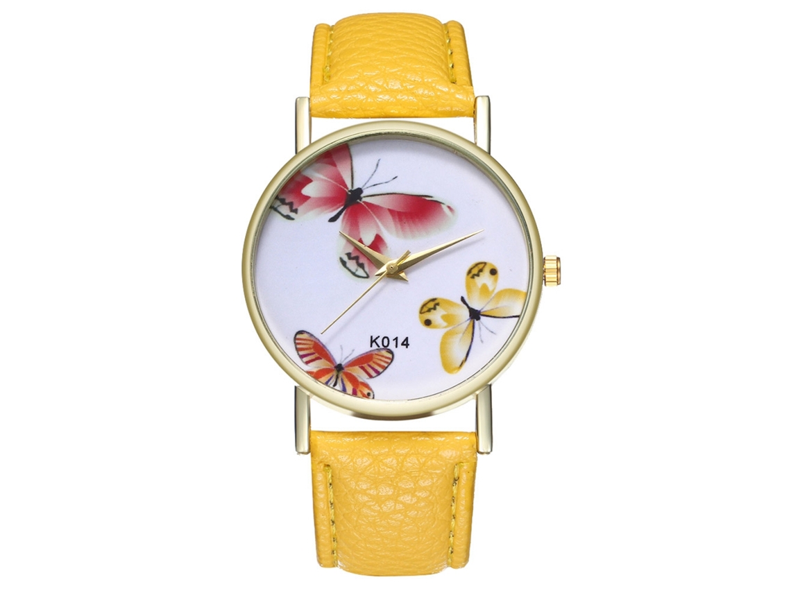 Relógio Analógico Masculino de Pulseira de Couro Pu Simples com Movimento de Quartzo Amarelo
