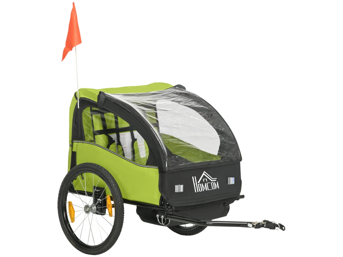 Reboque para Bicicleta Infantil para Maiores de 18 Meses com Cinto de Segurança e Sistema de Amortecimento, 140x88x90 Cm, Verde. VELTUS TRADE