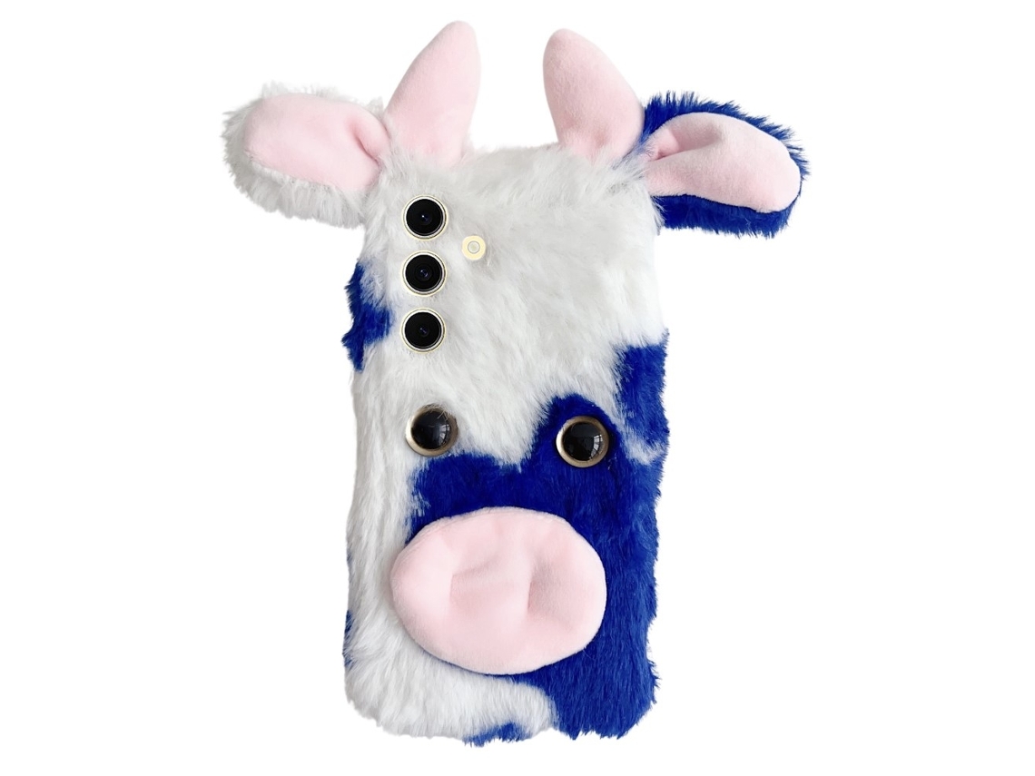 Capa Flexível Interna De Pelúcia Com Estampa De Vaca Fofa De Inverno Para Samsung Galaxy S25 Plus, Azul