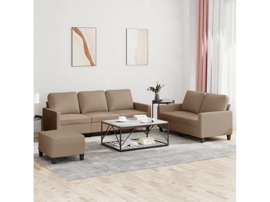 Vidaxl 3 Pcs Conjunto Sofás C/ Almofadões Couro Artificial Cappuccino
