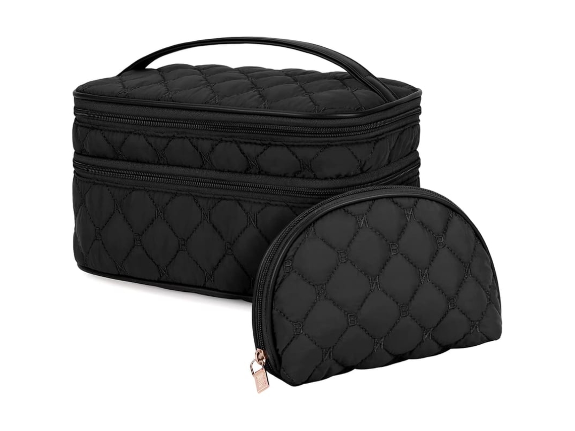 Bolsa De Maquiagem Portátil Feminina De Duas Camadas Impermeável Com Organização Para Viagem Preta