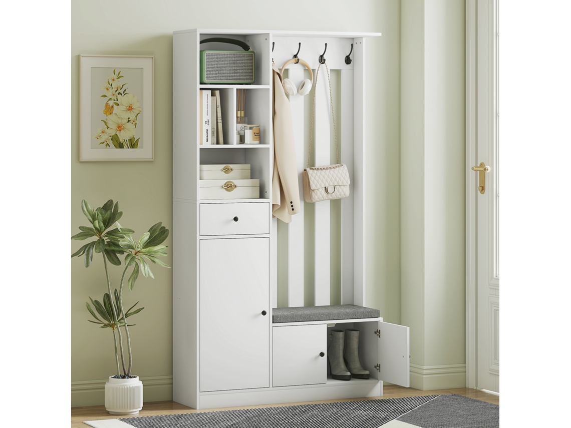 Guarda-roupa De 180 Cm Com Cabideiro, Banco Para Sapatos, 4 Ganchos, Prateleiras Abertas, Mdf, Branco