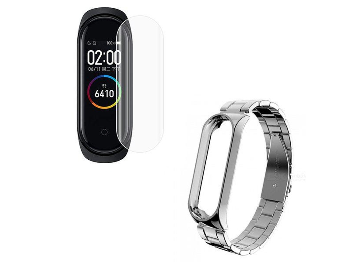 Kit Pulseira Bracelete Aço Stainless Lux Ferramenta Película Protectora Ecrã Gel Full Cover Xiaomi Mi Band 4 Cinza