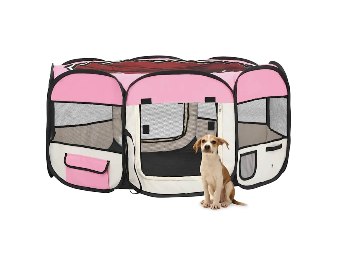 Vidaxl Parque Dobrável P/ Cão C/ Saco De Transporte 145x145x61cm Rosa