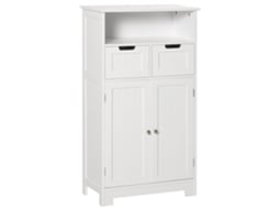 Kleankin Armário Banheiro Branco 60x30x108,8cm 2 Portas 2 Gavetas, Prateleira Ajustável Compartimento Aberto Multiúso.
