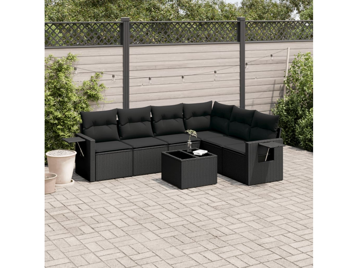 Vidaxl 7 Pcs Conjunto De Sofás P/ Jardim C/ Almofadões Vime Pe Preto