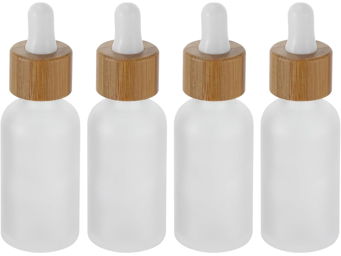 Conjunto De 4 Frascos Conta-gotas De Vidro De 30ml Com Tampas De Bambu.