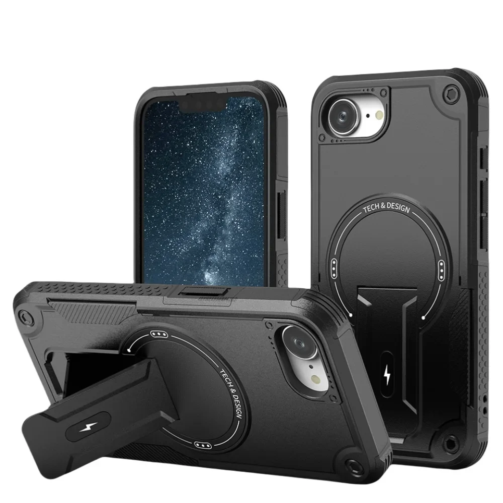 (preto, Iphone 12) Capa Resistente De Nível Militar Com Suporte E Carregamento Sem Fio Magnético.