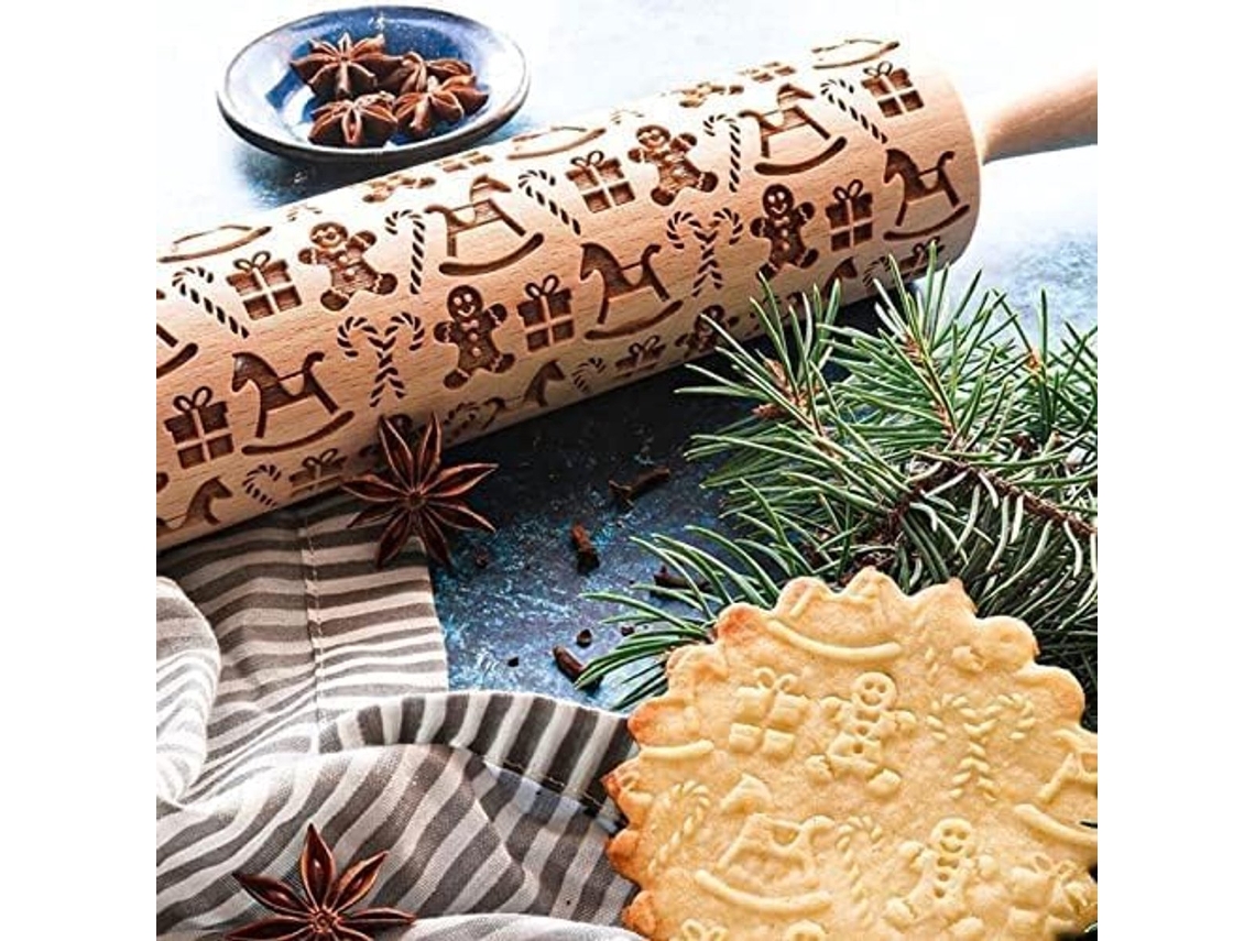 Rolo De Madeira Natalino Com Padrão Em Relevo, 39 Cm, 4,5 Cm, Formato Boneco De Gengibre, 39 Cm X 4