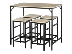 Mesa Alta Industrial com 4 Bancos em Metal e Madeira Carvalho Claro