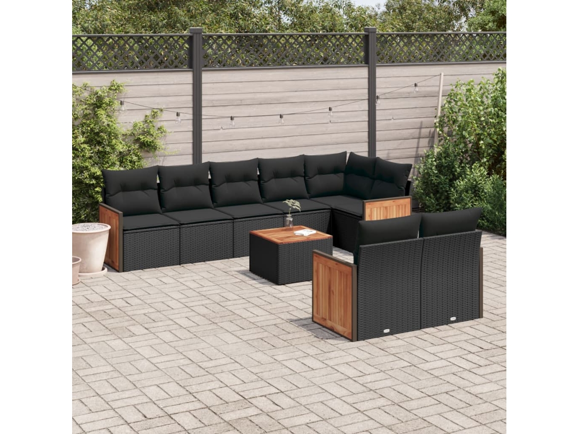 Vidaxl 9 Pcs Conjunto De Sofás P/ Jardim C/ Almofadões Vime Pe Preto