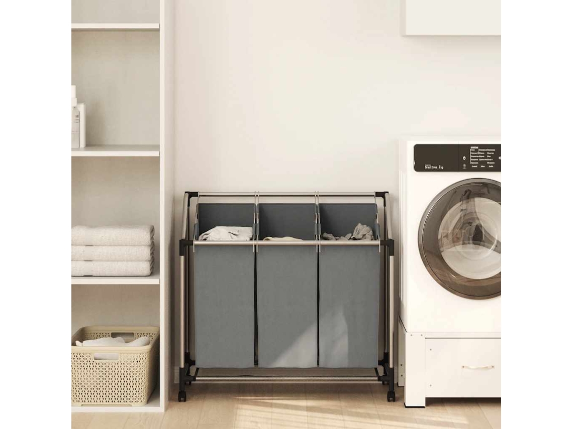 Vidaxl Cesto Para Roupa Suja Com Rodas 3 Compartimentos Cinzento