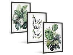 Galeria De Pinturas Murais Plantas Folhosas, Viver, Rir, Amar Moldura Preta Quadros Para O Escritório Espelharte (3 Piezas De 40x60 Cm)