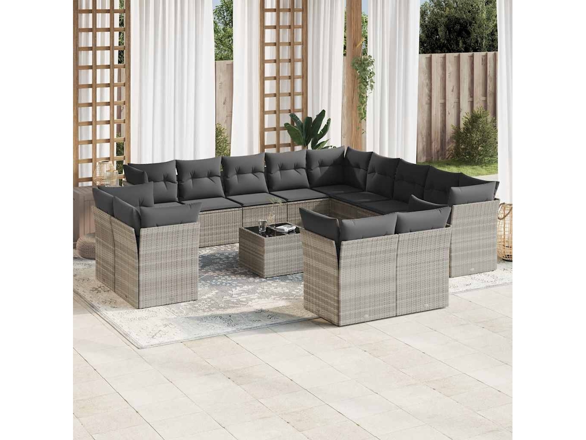 Vidaxl 14 Pcs Conj. Sofás Jardim Com Almofadões Vime Pe Cinzento-claro