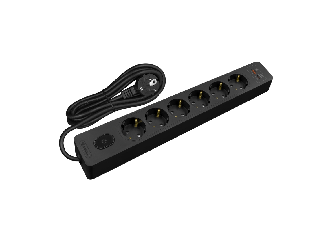 Multiplicador Tomadas SELDUR G6Th52S 6 Tomadas Tipo F + Interruptor Usb A+C Carregamento Rápido 20W Preto Cabo 5M