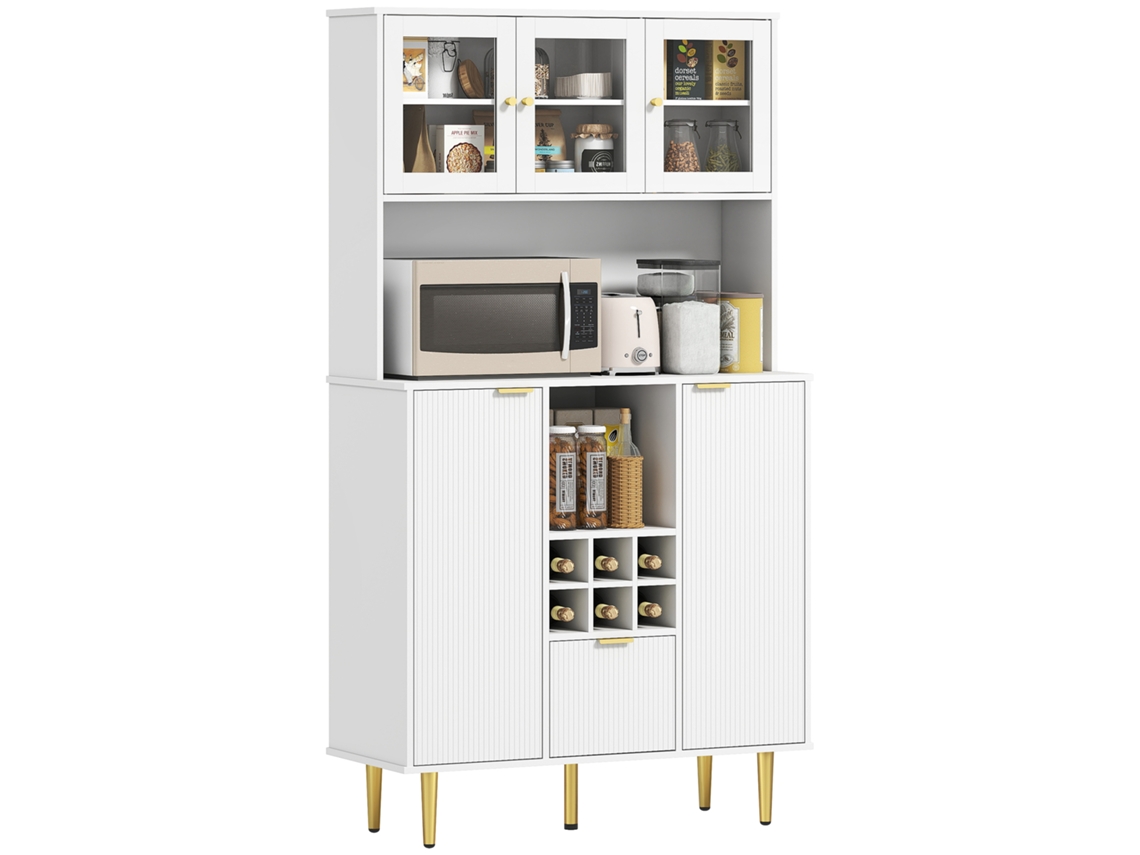 Armário de Cozinha Móvel Auxiliar de Cozinha Armário Alto com 3 Portas de Vidro Suporte para Garrafas 100x40x180 Cm Branco PROFESIA BOYANG
