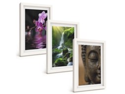 Conjunto De Quadros Com Moldura Flores, Cachoeira, Buda, Rochas, Zen Moldura Branca Fotos Para O Corredor Espelharte (3 Peças 20x30 Cm)