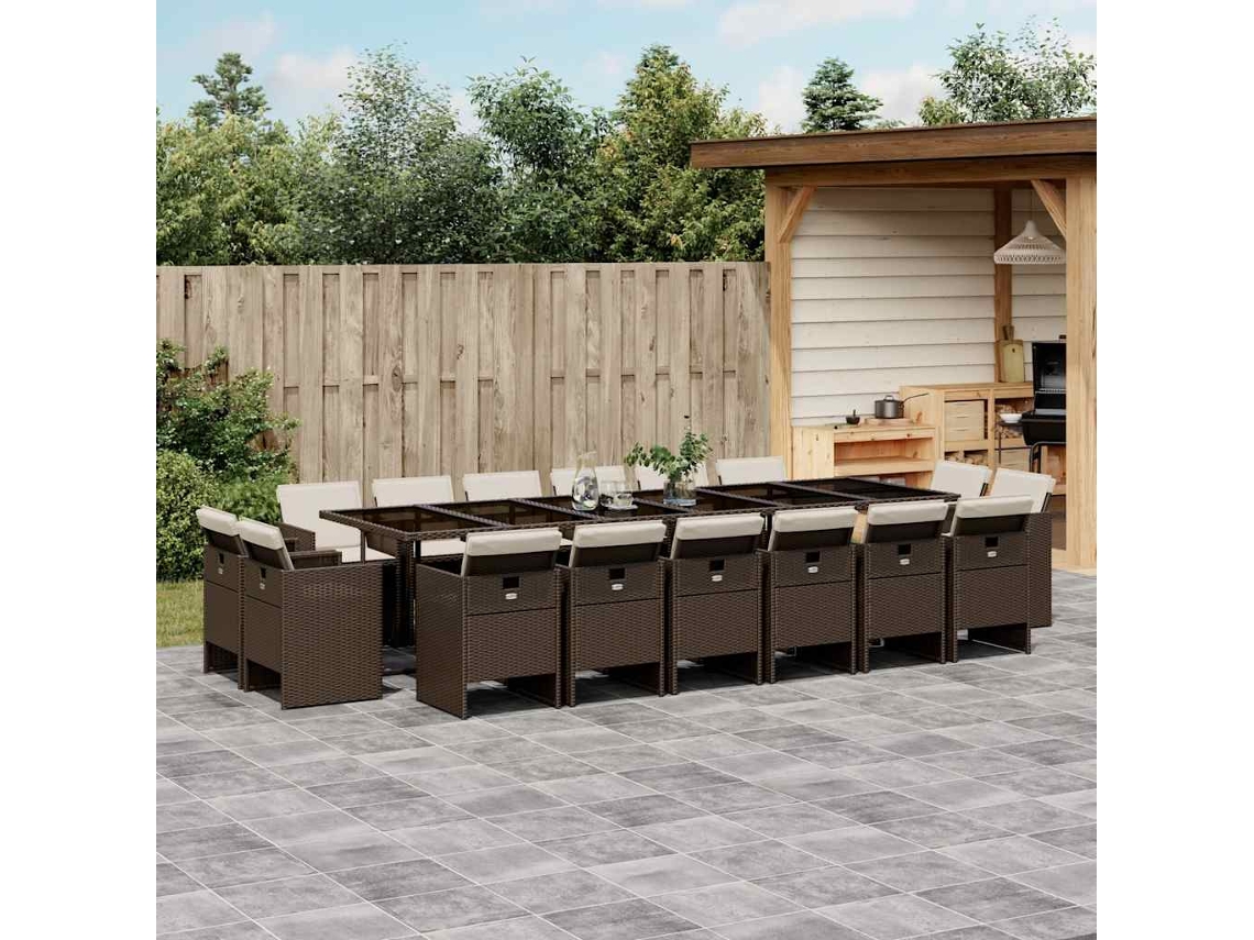 Vidaxl 17 Pcs Conjunto Jantar P/ Jardim C/ Almofadões Vime Pe Castanho