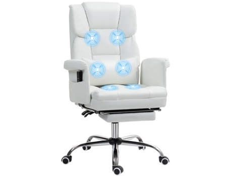 Cadeira de Escritório com Massagem Couro Pu Aço e Espuma Cor Blanco 69X65X107-115 Cm HOMCOM