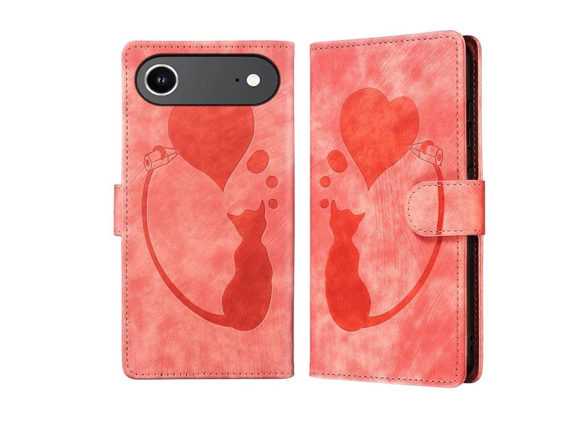 Capa De Couro Para Iphone 17 Air Shell Com Gato E Coração Em Relevo.