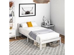 Estrutura De Cama De Madeira 208x96 Cm Com Estrado De Ripas E Cabeceira, Elegante Cama De Solteiro Para Quarto, Branca