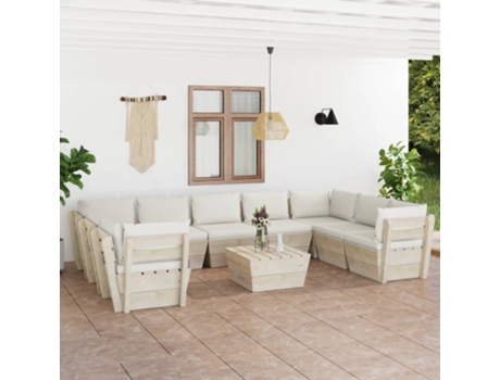 Conjunto de Relax com 10 Peças com Almofadas (60 x 60 x 30 - Madeira - Bege)