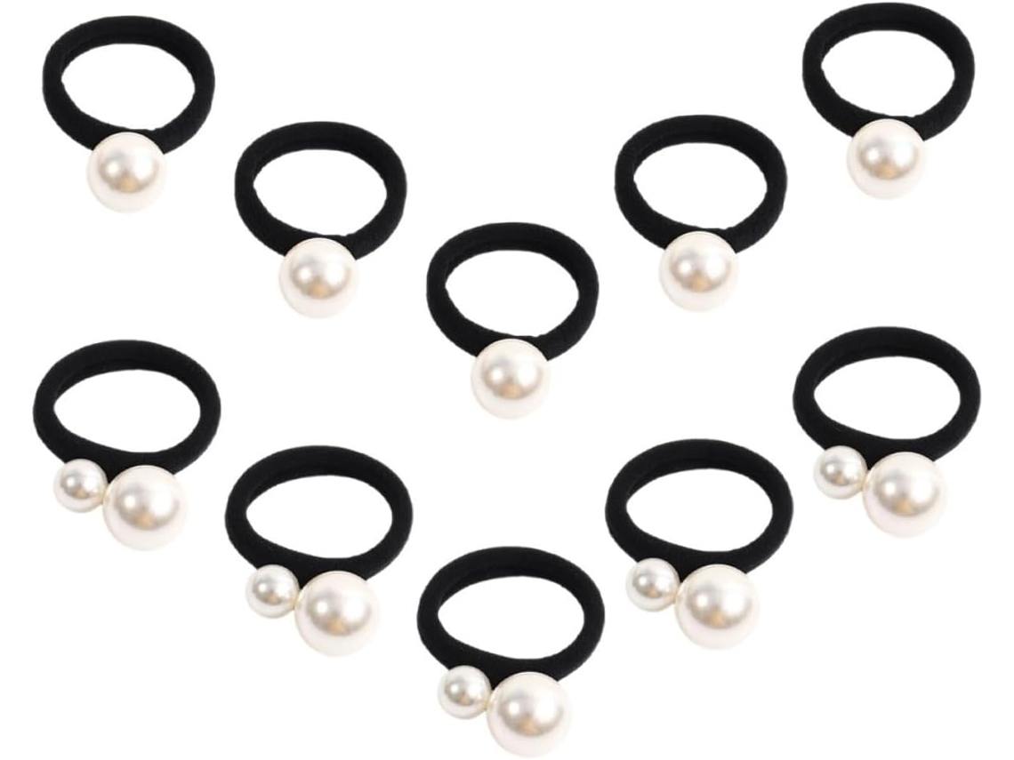 Conjunto De 10 Elásticos De Cabelo Com Pérolas Pretas Sólidas, Tiaras Grossas.