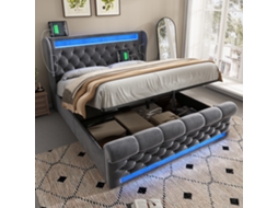 Cama Box Casal 140x190cm Com Luzes Led, Cabeceira Com Usb E Type-c, Baú Hidráulico, Cinza, Veludo.