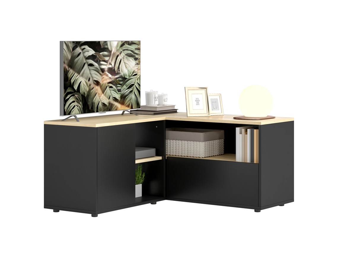 Suporte De Canto Tv Até 40 Polegadas Com 2 Armários E 3 Nichos, 90x90x45cm, Em Carvalho E Preto