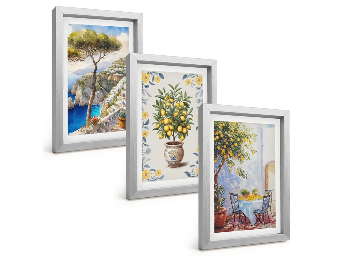 Conjunto De Pinturaspinturas De Limoeiros-do-mar Moldura Prateada Quadros Para A Sala De Estar Espelharte (3 Peças 20x30 Cm)